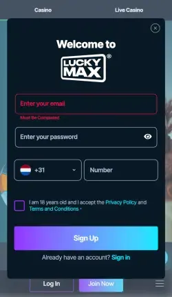 Registratieformulier van LuckyMax casino met e-mail, wachtwoord en Nederlands telefoonnummer