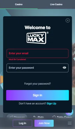 Inlogvenster van Lucky Max casino met e-mailadres en wachtwoord