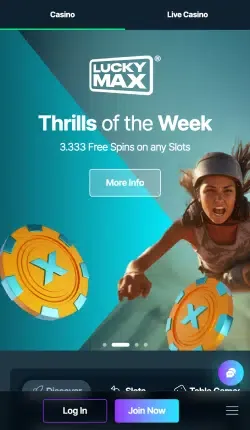 Homepage van Lucky Max casino op mobiel met de actie Thrills of the Week