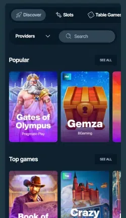 Spellenlobby van LuckyMax casino met populaire slots zoals Gates of Olympus en Gemza